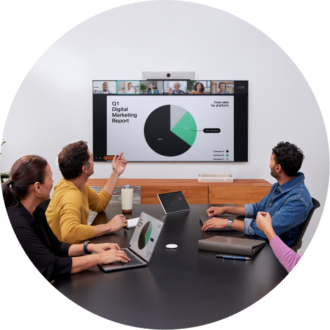 Four colleagues in a meeting room video conference with several colleagues using Webex.