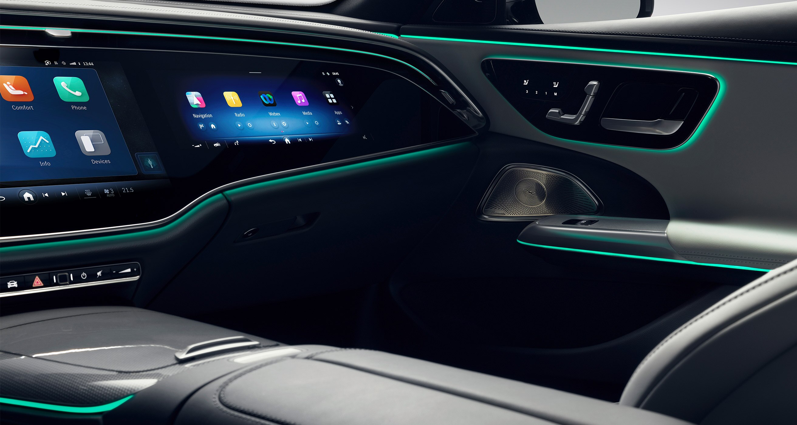 Automobile dashboard display with integrated Webex App logo.