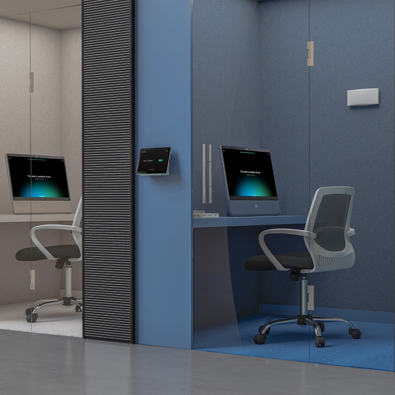 Two focus rooms in an office featuring the Cisco Desk and Cisco Room Navigator.