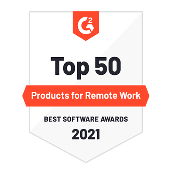 White badge with orange details, recognizing Webex's 2021 Top 50 Products for Remote Work honor from G2's Best Software Awards.