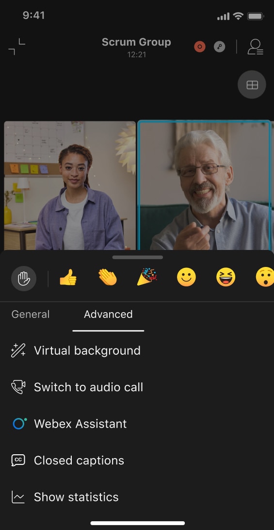 Webex Assistant is shown in use on a mobile phone during a video meeting with two colleagues.