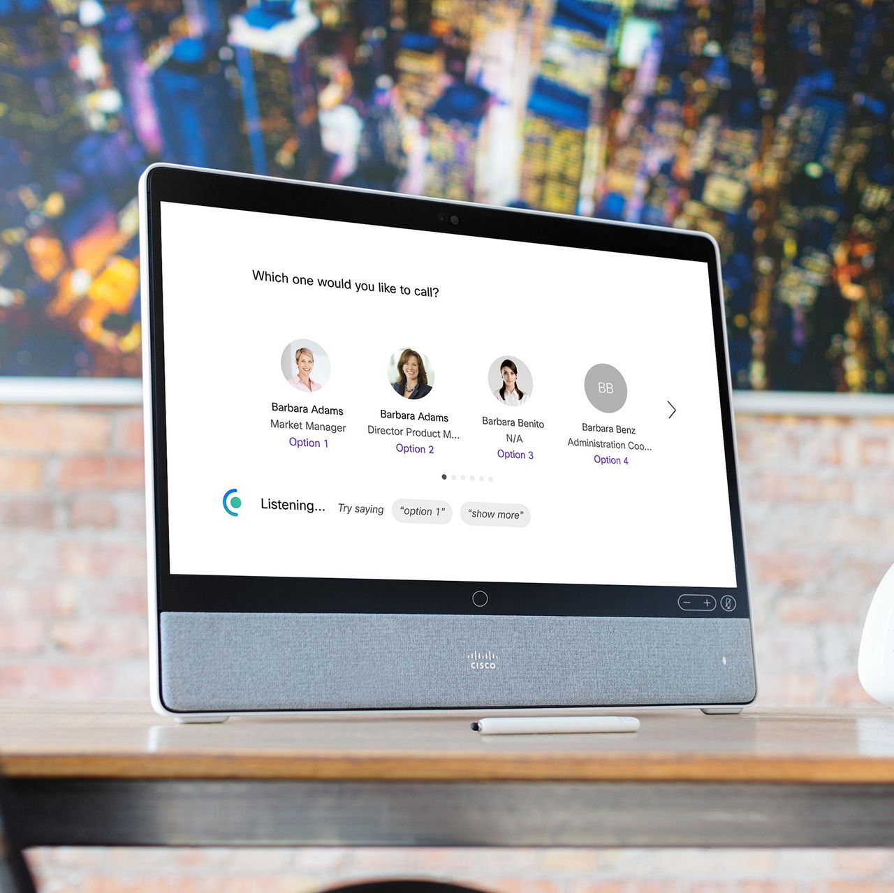 Given the voice command "Call Barbara", Webex Assistant shows 4 contacts on Cisco Desk Pro screen and invites user to pick one.