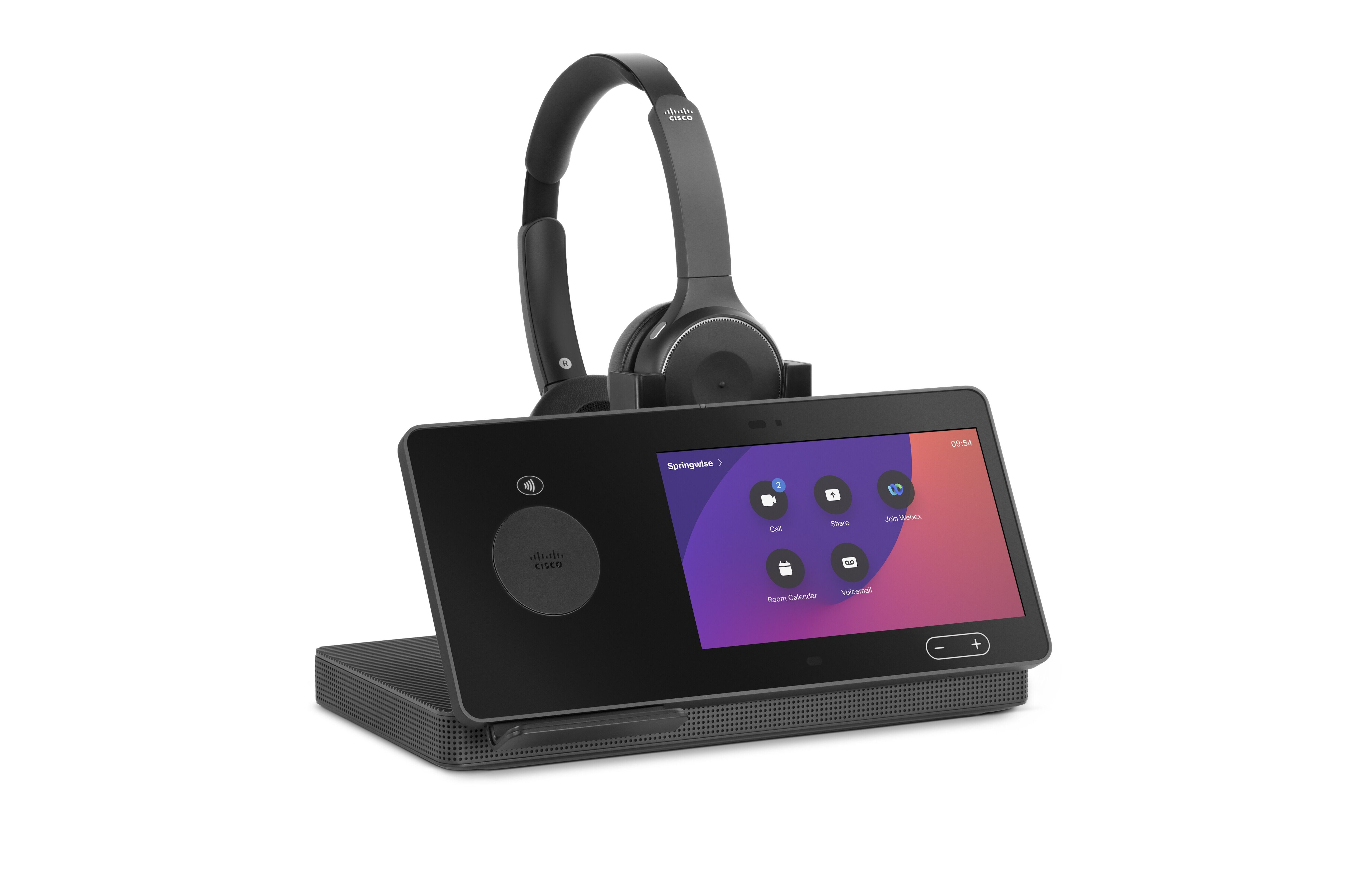The Webex Desk Hub shows a bright homescreen with five apps visible and a headset docked on the charging station.