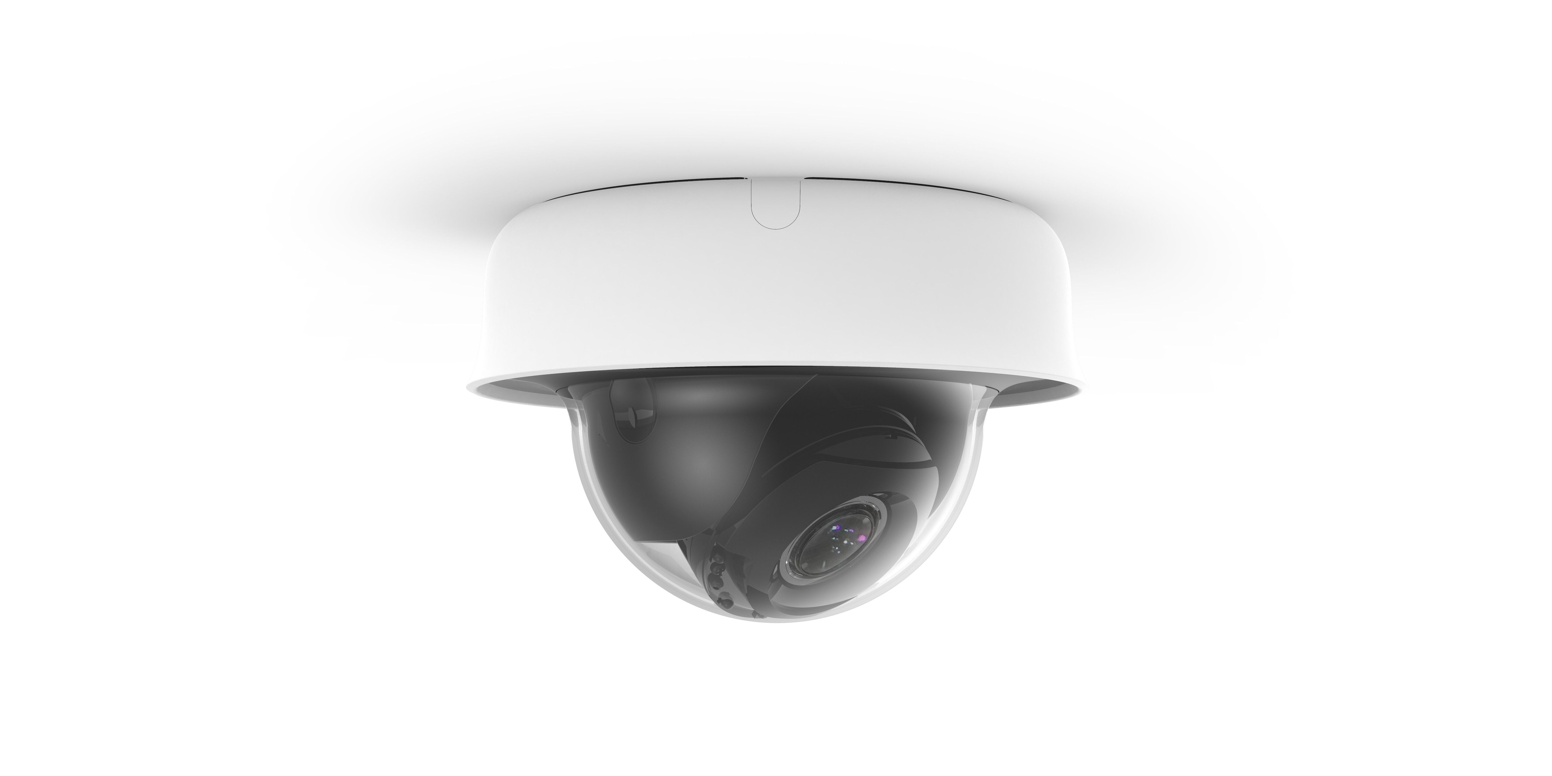 The MV22 smart camera mounted to the ceiling via its white base. The black camera is visible inside its clear dome covering.