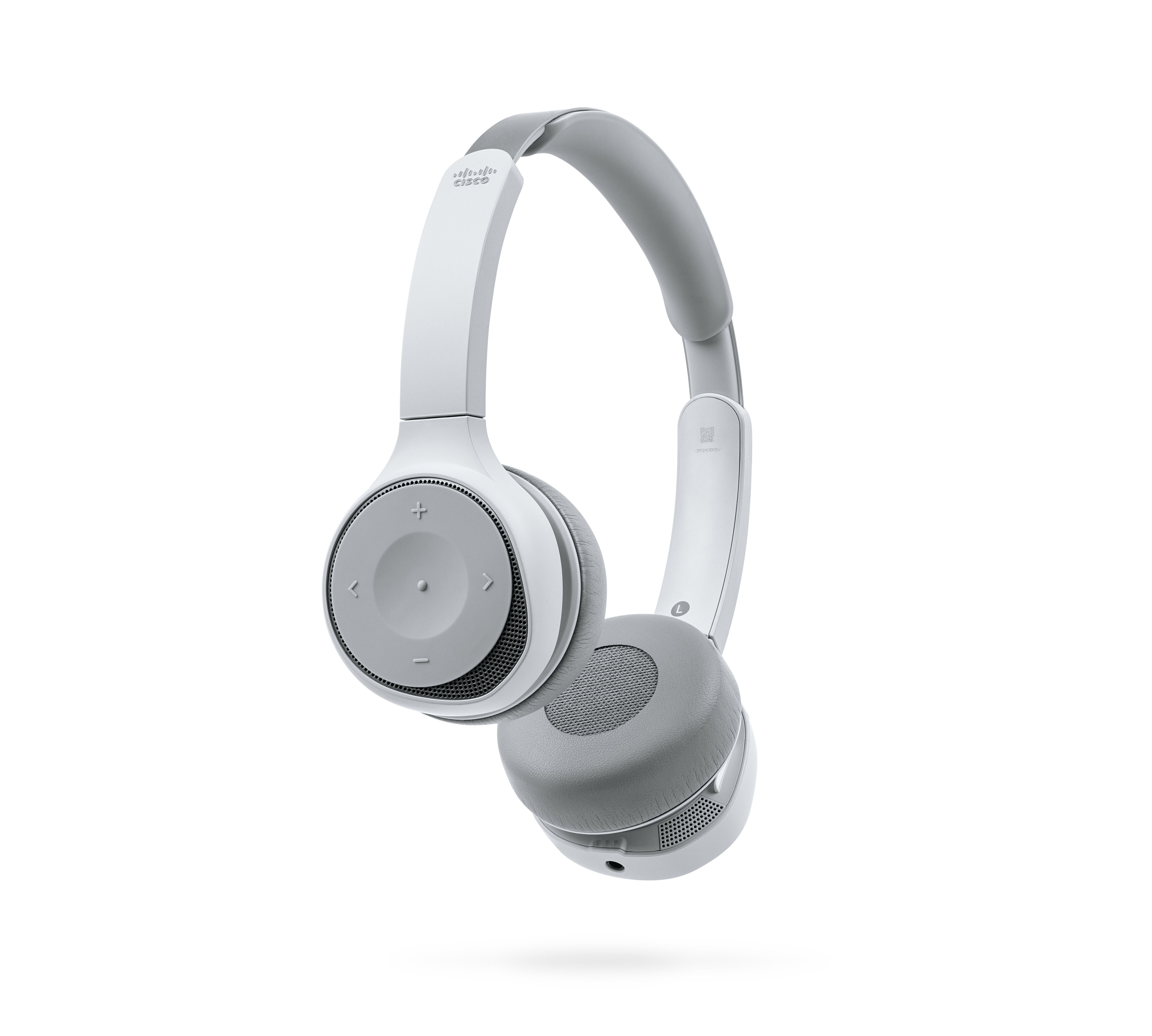 A side view of a Cisco Headset 730 in platinum.
