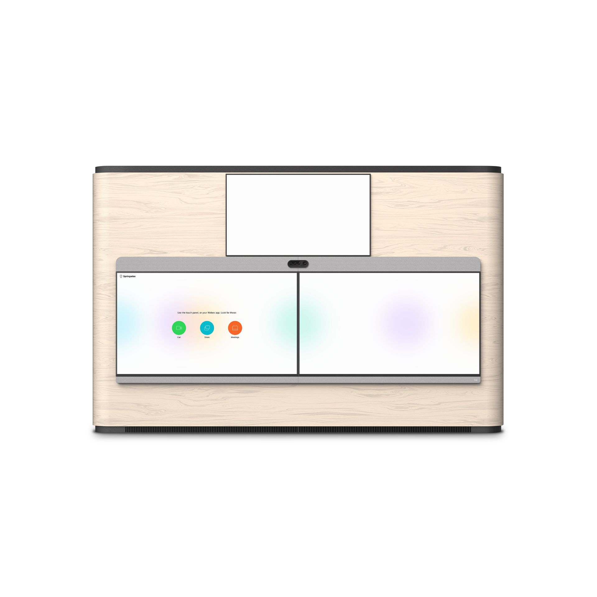 Webex Room Panorama. 1 screen on top and 2 on bottom. Bottom left screen shows room name and 3 apps (Call, Share, Meetings).