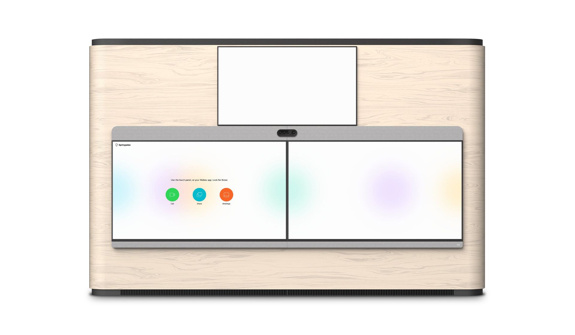 Cisco Room Panorama. 1 screen on top and 2 on bottom. Bottom left screen shows room name and 3 apps (Call, Share, Meetings).