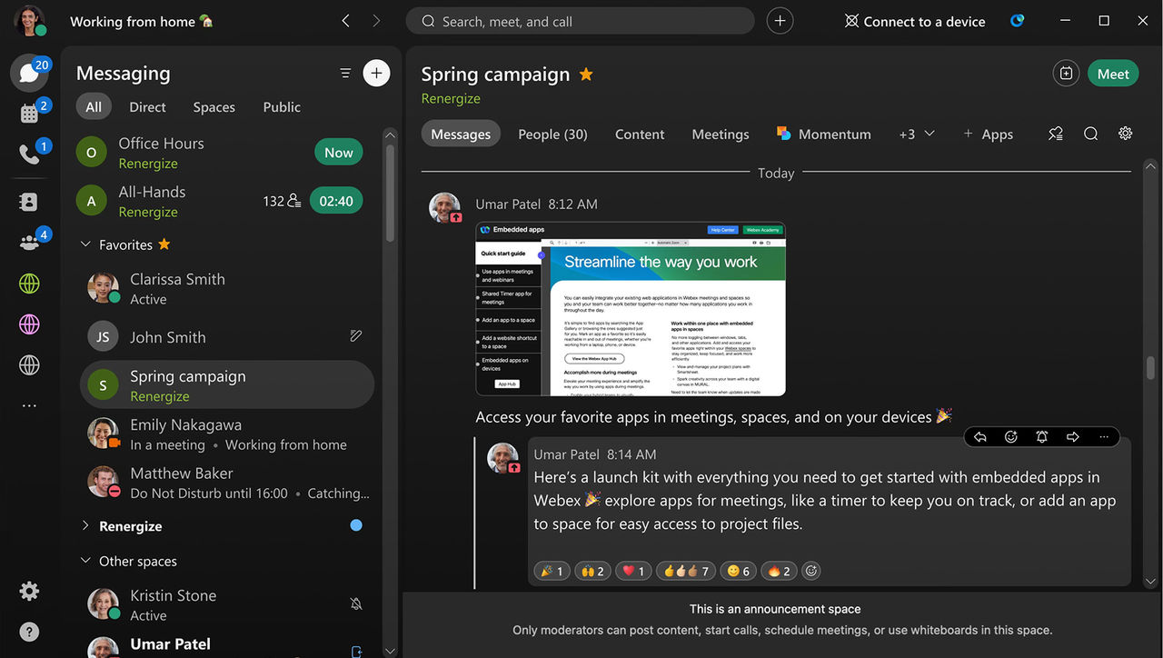 A messaging application interface showing a "Spring campaign" space with information on embedded apps.