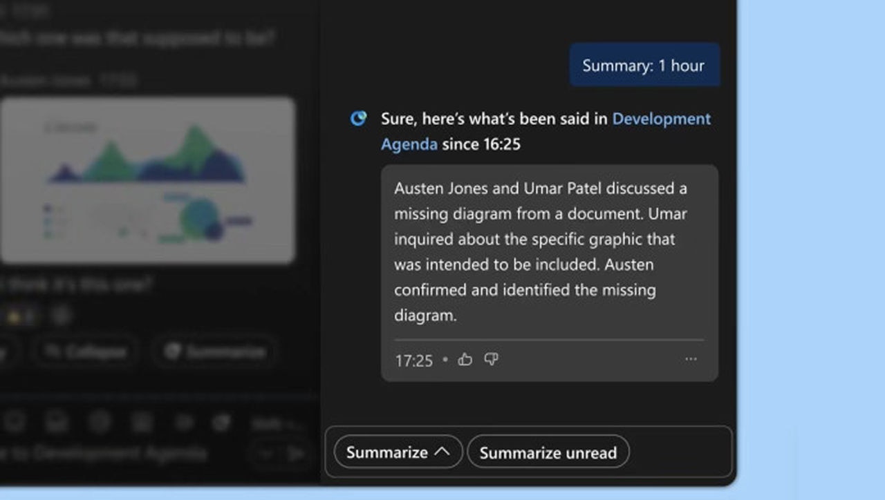 A software interface displaying a one-hour summary of a team discussion regarding a development agenda.