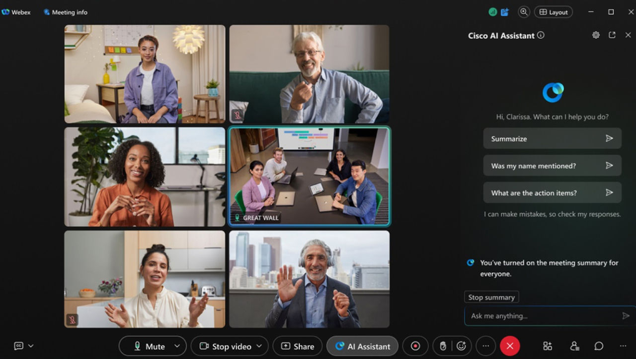 A video conference screen showing multiple participants and a side panel for the "Cisco AI Assistant," which offers options to summarize the meeting or identify action items.