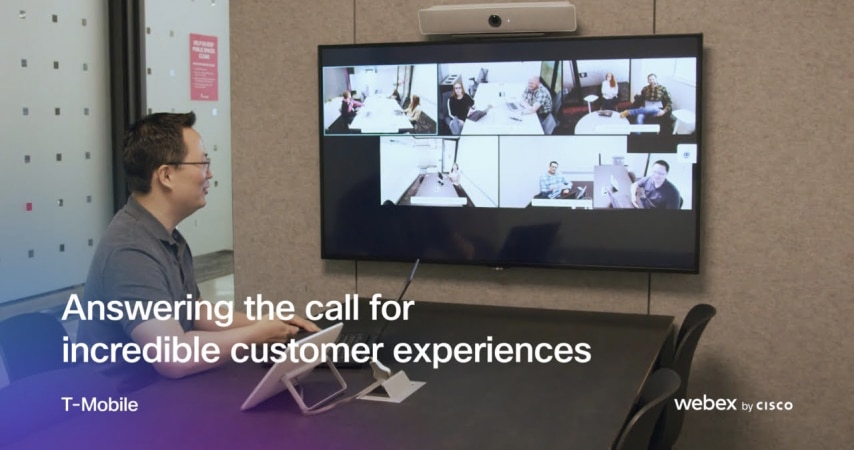A video still from 'Answering the call for incredible customer experiences' shows a T-Mobile employee in a Webex Meeting.