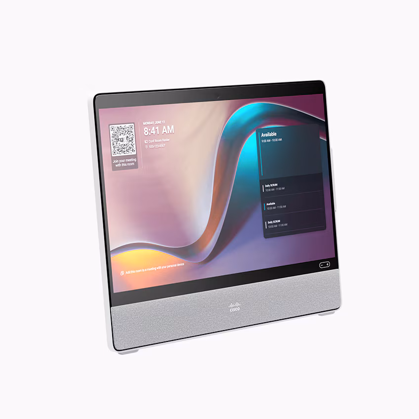 Microsoft Teams Rooms displayed on a Cisco Desk Pro with upcoming meetings listed on the display.