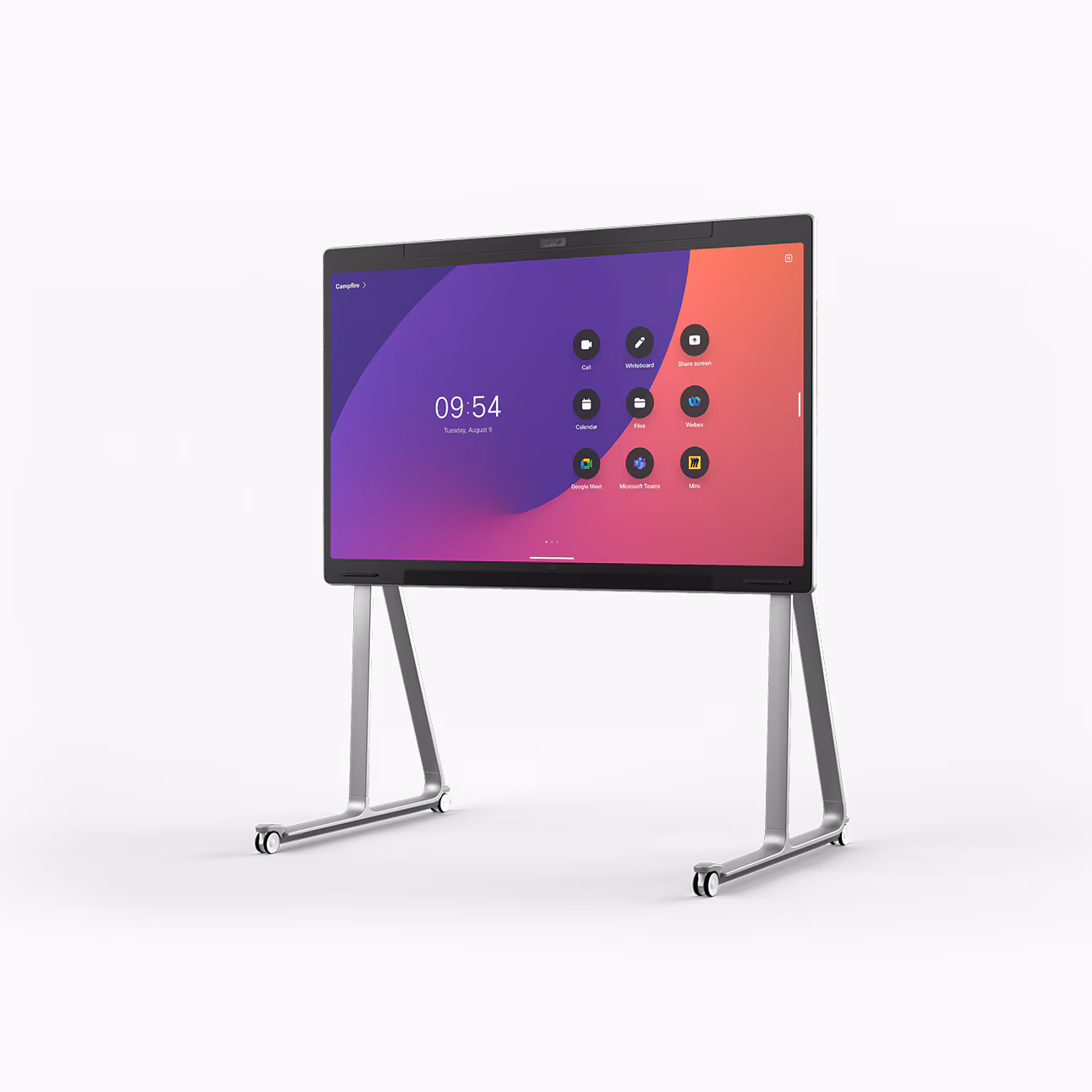 Cisco Board Pro on wheel stand, displaying the RoomOS use interface with icons of features and web applications.