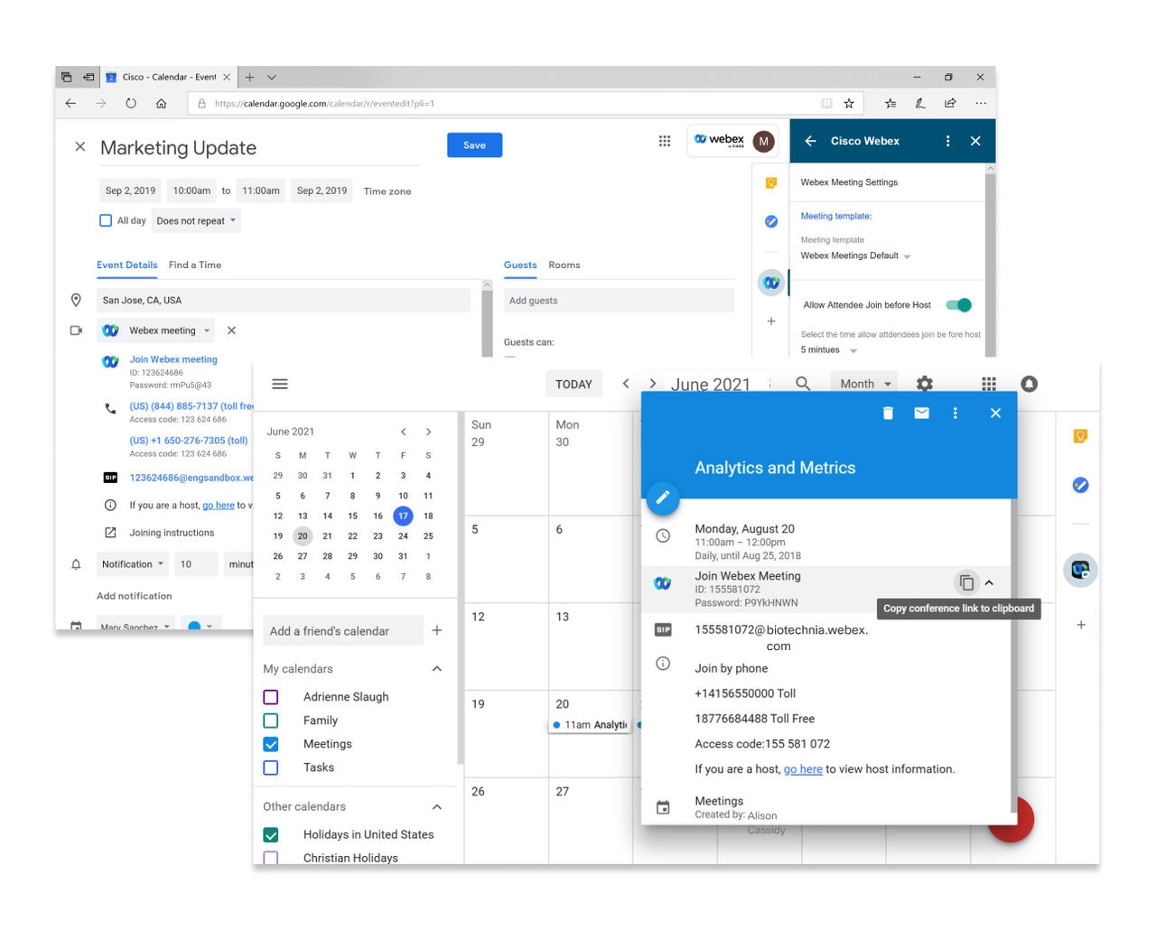 One screen showing creation of a Webex Meeting in Google Calendar. A second screen shows someone looking at an upcoming Webex Meeting from Google Calendar.