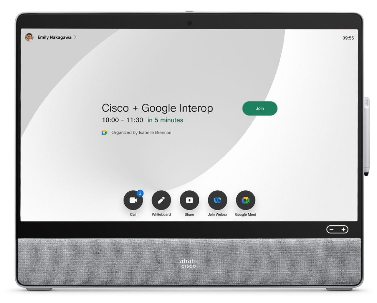 A Webex Desk Pro. The screen shows a meeting titled &quot;Cisco + Google Interop&quot; and a green &quot;Join&quot; button, plus five other apps.