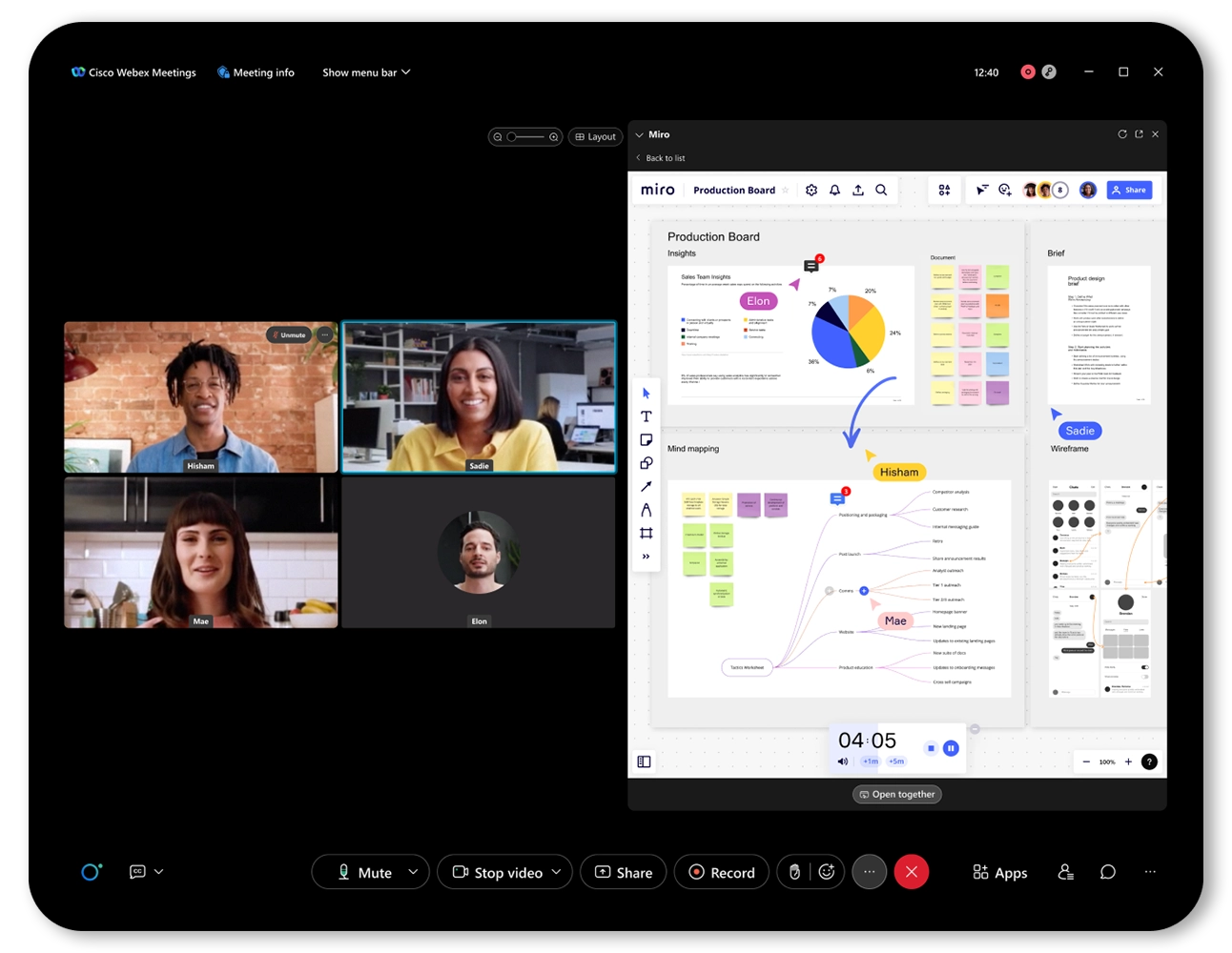 A screen showing four colleagues collaborating on a Miro board during a Webex meeting.