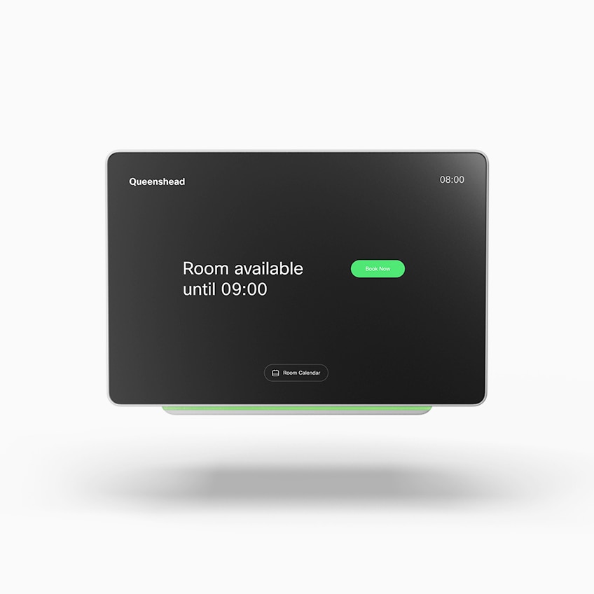 Cisco Room Navigator on wall. Screen shows time of 9:00, a green Book Now button, and notes "Room available until 10:00